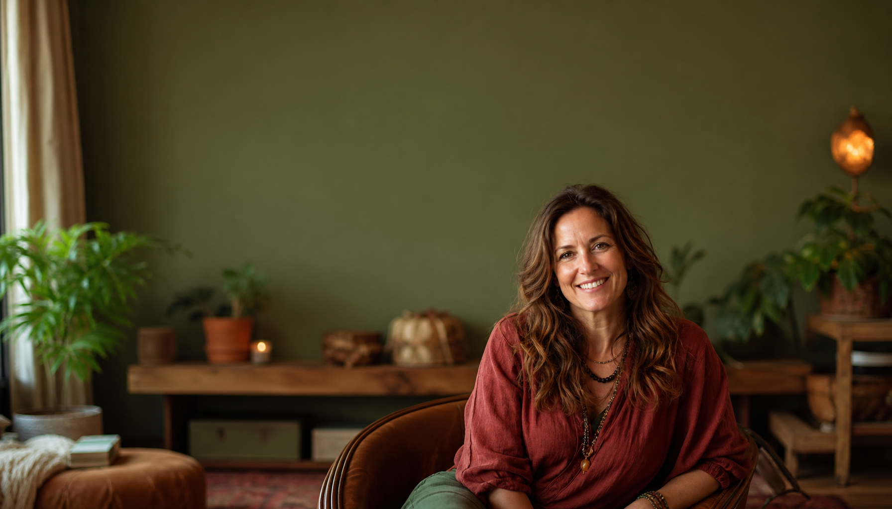 Warm intimate setting with soft natural window light, heart-centered energy, confident woman in her 
