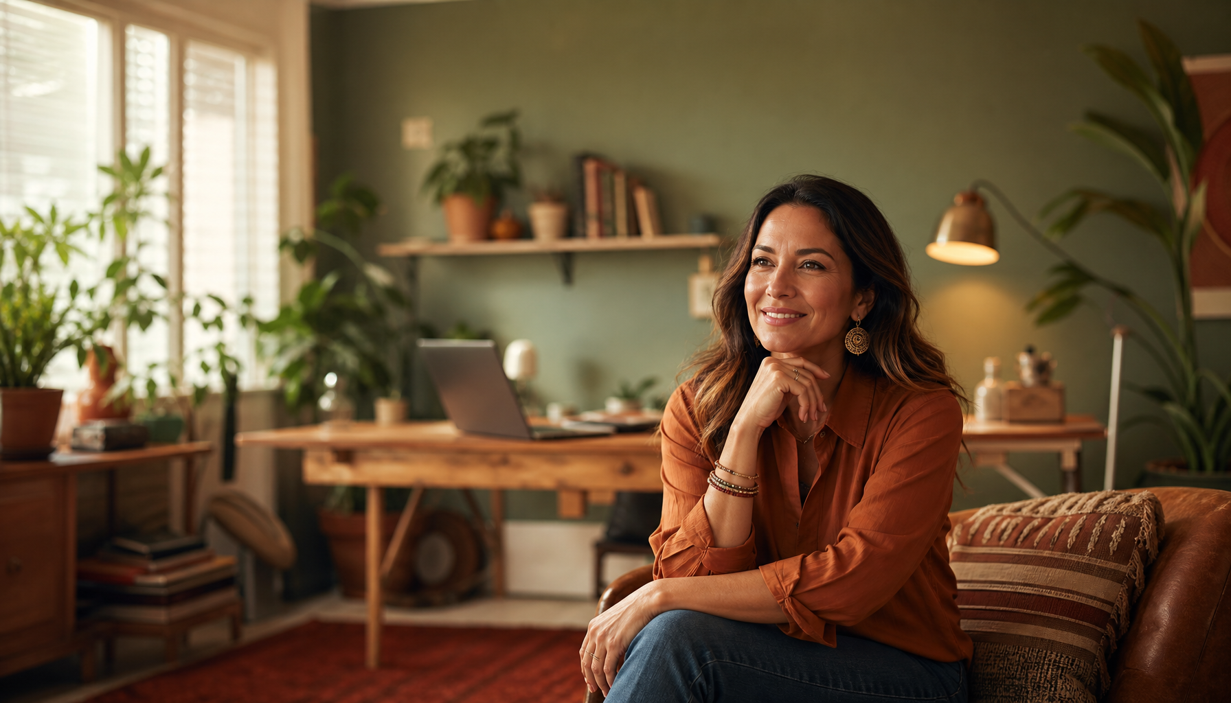Warm intimate setting with soft natural window light, heart-centered energy, confident woman in her