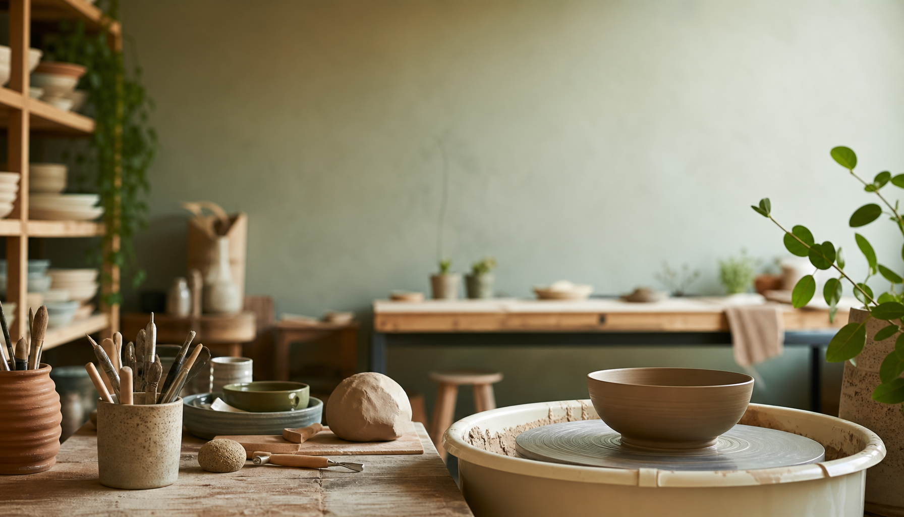 Cinematic, photoreal hero establishing scene centered on the craft and subject of Beginner Pottery W